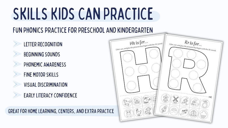 May include: Educational printables for preschool and kindergarten. The image features two worksheets with the letters "H" and "R" outlined with circles for dot markers. The worksheets also include pictures for coloring and cutting. The text reads "Skills Kids Can Practice".