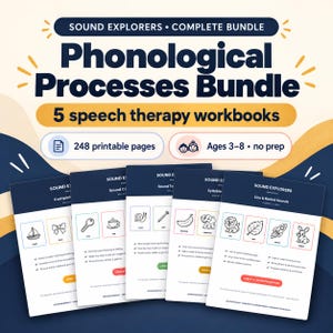 May include: Sound Explorers Complete Bundle Phonological Processes Bundle featuring 5 speech therapy workbooks with 248 printable pages for ages 3-8. The set includes five white booklets with black text and line art illustrations of objects.