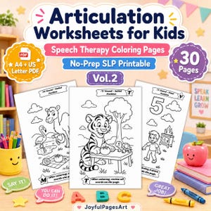 Könnte beinhalten: Ein Set aus ausdruckbaren Artikulationsarbeitsblättern für Kinder mit Ausmalbildern zur Sprachtherapie. Die Sammlung umfasst 30 Seiten in den Formaten A4 und US Letter PDF. Die Blätter zeigen schwarz-weiße Illustrationen von Tieren und Objekten.