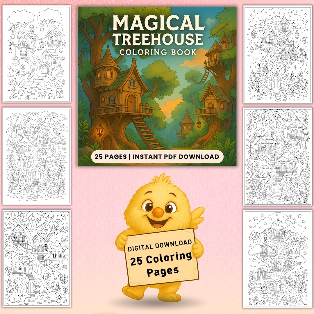 Treehouse Coloring Book Printable PDF | Whimsical Fantasy Treehouses ...