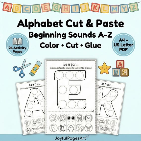 Beginning Sounds Cut and Paste Worksheets A-Z: Preschool Alphabet Phonics Printable