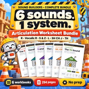 Puede incluir: Un paquete completo de hojas de trabajo de articulación Sound Builders con 6 cuadernos y 294 páginas. El set incluye los sonidos R, R vocálica, S y Z, L, SH CH J y TH, presentado con un robot de dibujos animados y gráficos de construcción.