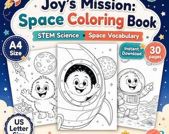 May include: Joy's Mission: Space Coloring Book featuring 30 pages of black and white illustrations of a furry creature in space. Includes A4 and US Letter size options, STEM science and space vocabulary themes, and an instant download feature.