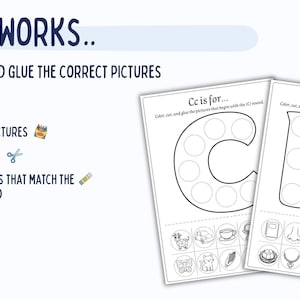 May include: Educational printable worksheets for kids. The worksheets feature the letters "C" and "N" with corresponding images for coloring, cutting, and gluing. Instructions are provided: Color, Cut, and Glue the Correct Pictures.