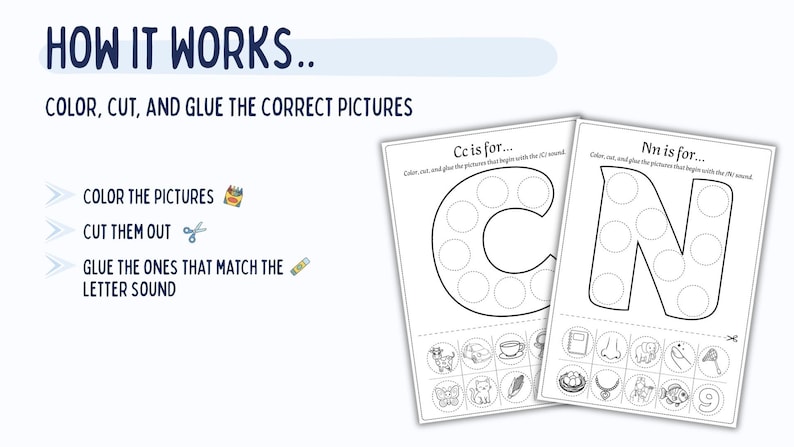May include: Educational printable worksheets for kids. The worksheets feature the letters "C" and "N" with corresponding images for coloring, cutting, and gluing. Instructions are provided: Color, Cut, and Glue the Correct Pictures.