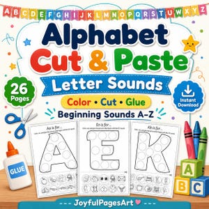 May include: An educational activity sheet set titled Alphabet Cut & Paste Letter Sounds with 26 pages. It features colorful text, a blue glue bottle, scissors, crayons, and alphabet blocks. The pages show letters A, E, and K with images to color, cut, and glue.