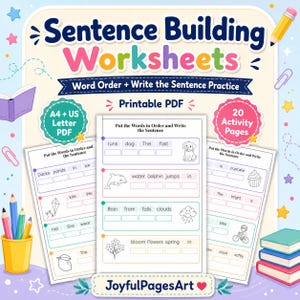 May include: Sentence Building Worksheets printable PDF with 20 activity pages for word order and writing practice. Includes A4 and US Letter formats, featuring exercises with words and illustrations like a dog, dolphin, rain, and flowers.