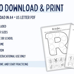 May include: Educational printable featuring the letters "R" and "F" with dot-to-dot circles. The text "Easy to Download & Print" and "Instant Download in A4 + US Letter PDF" are displayed. Includes instructions for coloring and cutting.