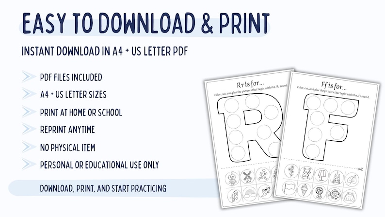 May include: Educational printable featuring the letters "R" and "F" with dot-to-dot circles. The text "Easy to Download & Print" and "Instant Download in A4 + US Letter PDF" are displayed. Includes instructions for coloring and cutting.