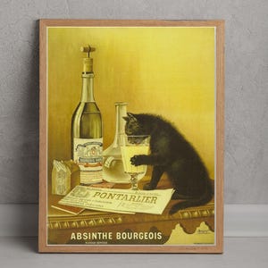 Kot Pijący Absynt Sztuka Ścienna, Plakat Vintage Alkohol, Stary Francuski, Absynt Bourgeois Druk, Wystrój Retro, Modny Plakat, Wydruk Wózka Barowego