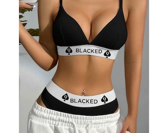 Ensemble de lingerie QOS noir de couleur contrastée, soutien-gorge et slip sans rembourrage