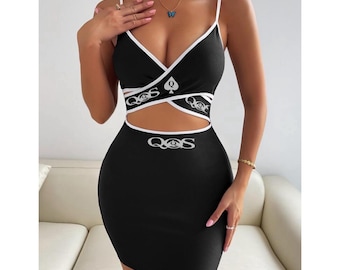 QOS Kontrast Bindung Crossover Cut-Out Front Cami Kleid, Sommerkleid