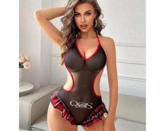 QOS Fantasy Costume 1pc Women's Halter Neck Contrast Color Sexy Bodysuit