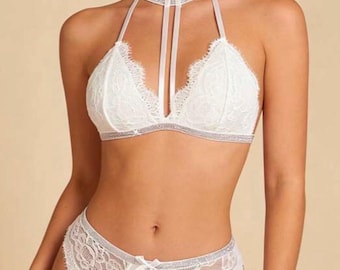 Lace Lingerie Set, V-Neck Spaghetti Strap Bra, Crystal Shoulder Strap, Bow Panty