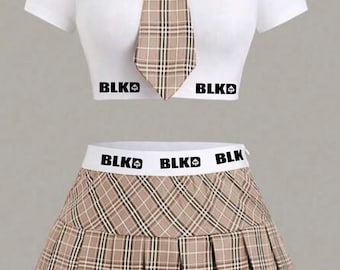 Crop Top mit Polokragen und karierter Faltenrock im Set