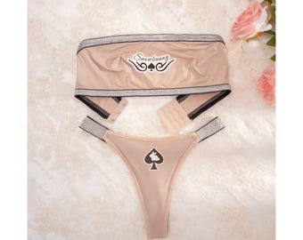 Snowbunny QOS Women's Underwear Set With Silver Thread Design, Strapless Bandeau Bra And Thong Panty