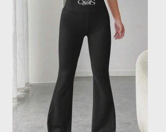 QOS Women's Bow-Tie Belted Leggings, Stretchy & Comfortable, Flared Hem Pants