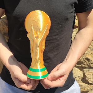 Puede incluir: Un trofeo dorado con una base verde y naranja. El trofeo se sostiene frente a una pared de piedra. El trofeo es una r&eacute;plica detallada de un premio de campeonato deportivo.