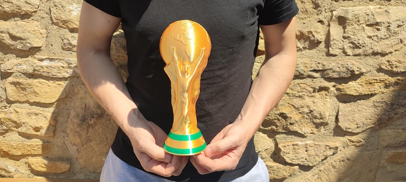 Puede incluir: Un trofeo dorado con una base verde y naranja. El trofeo se sostiene frente a una pared de piedra. El trofeo es una r&eacute;plica detallada de un premio de campeonato deportivo.