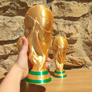 Puede incluir: Dos r&eacute;plicas de trofeos dorados con bases verdes y doradas. El trofeo m&aacute;s grande est&aacute; sostenido por una mano. Los trofeos est&aacute;n sobre una superficie de madera frente a una pared de piedra. Los trofeos est&aacute;n detallados con dise&ntilde;os de globo y figuras.