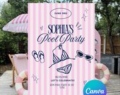 Pool Party Digital Invitation Template Girls and Boys Pink and Blue Stripes