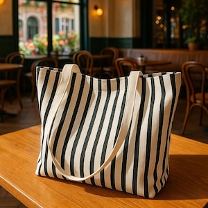 Large Black and White Striped Canvas Beach Tote Bag with Handles, Stylish Oversized Shoulder Bag, Summer Bag, Gift for Her, Large Canvas Bag