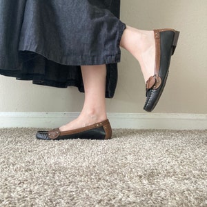 Vintage Cole Haan Nike Air Black Leather Loafers / Y2K 2000s Brown Trim Silver Tone Buckle Leather Slip On Loafers / Size 7