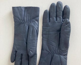 Vintage Leather Gloves, Women Size 6.5, Dark Blue Black Lined Driving Glove