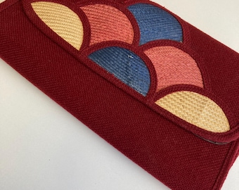 Vintage Clutch Purse, Red 1980’s Woven Raffia and Fabric Bag