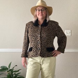 Vintage 80s 90s Leopard Print Jacket/ Size Large L -XL 16 / Animal Print Blazer with Cotton Velour Collar