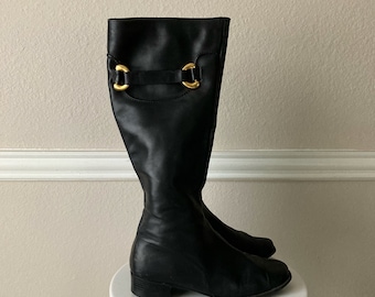 Vintage Boots, Women Size 6 M, Black Leather Knee High, Made in Italy