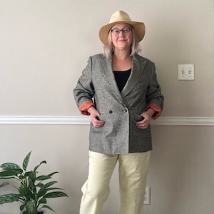 Vintage wollen pied-de-pouleblazer / zwart-wit gestructureerd jasje jaren 60 vintage / maat Large / double-breasted boyfriend blazer /zakken
