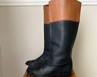 Vintage Leather Boots, Women Size 7.5, 80s Brown and Black Knee High