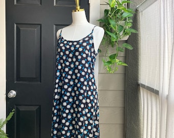 Vintage Dress, Women 10, Black Rayon Floral Slip Dress, 90s Y2K 2000s Clothes