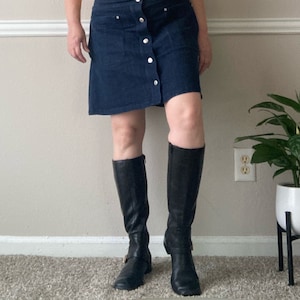 Vintage Tall Leather Boots with buckle / 90s Y2K Square Toe Black Knee High Riding Boot / Size 7.5 women / Etienne Aigner Brand Zip Up Boots