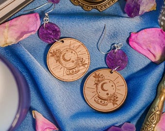 Engraved Mahogany Crystal Ball Earrings: Purple Acrylic Witch Jewelry