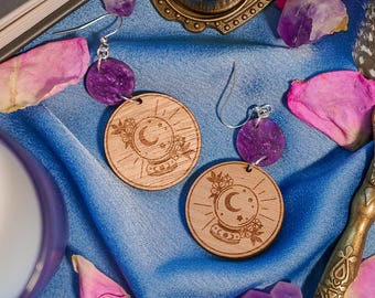 Wood Crystal Ball Earrings- Acrylic and Mahogany- Laser Cut- Engraved- Mystic, Halloween, Witchy- Statement