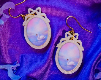 Framed Swan Scene Acrylic Earrings: Rococo Regency Statement Jewelry