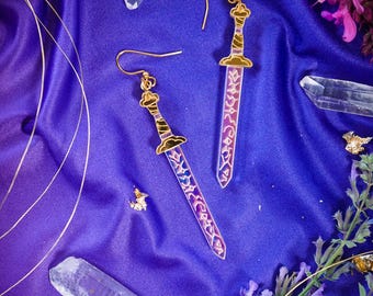 Demon Hunter Sword Earrings- Engraved Acrylic- K-pop, Unique, Statement, Teacher, Pop Culture Earrings