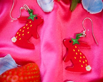 Strawberry Bunny Earrings – Hand-Painted Acrylic Dangles