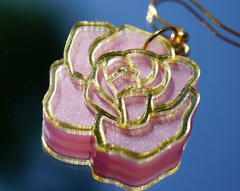 Faux Stained Glass Rose Earrings: Pink & Gold Acrylic Floral Statement