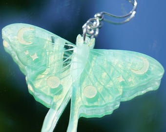 Luna Moth Acrylic Statement Earrings: Celestial Engraved Design