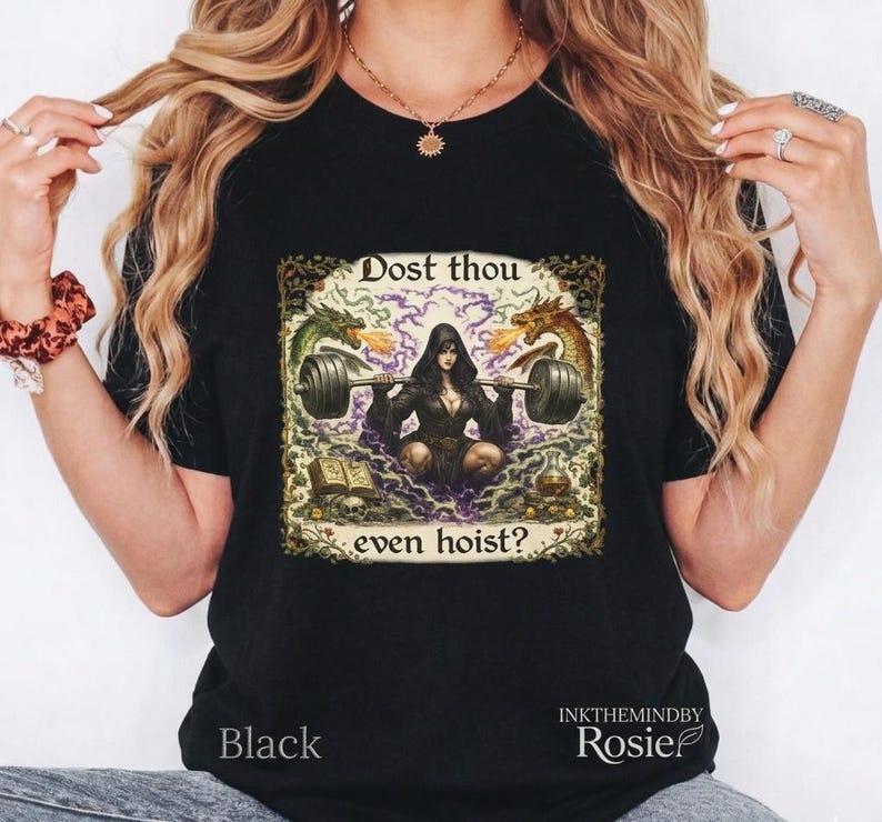 Kan je ook hijsen? T-shirt | Middeleeuwse heks gewichtheffen illustratie afbeelding 2
