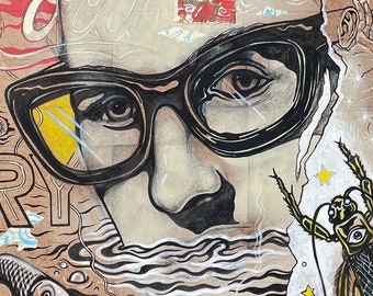 The Crickets Mixed Media Painting, Stenciled Collage Buddy Holly Art