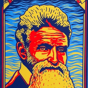 May include: A vintage-style illustration of John Brown, a historical figure, with a red, yellow, and blue color scheme. The text "Red Leg Ger" and "John Brown" are visible in the image.