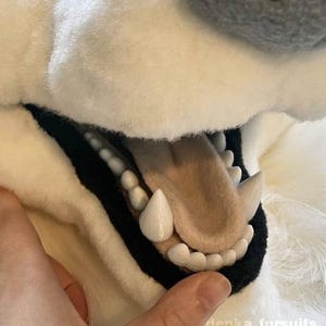 Könnte beinhalten: Nahaufnahme eines weißen und grauen pelzigen Kreaturenkopfes mit offenem Mund. Der Mund zeigt weiße Zähne, eine hellbraune Zunge und ein schwarzes Futter. Der Text "denka_fursuits" ist in der unteren rechten Ecke sichtbar.