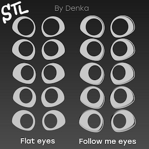 Puede incluir: Ilustración digital que muestra dos conjuntos de diseños de ojos estilizados: "Flat eyes" y "Follow me eyes". Los ojos son blancos con pupilas negras, sobre un fondo gris oscuro. El texto "STL" y "By Denka" son visibles.