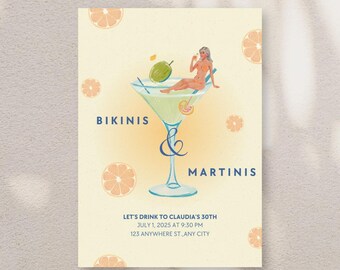 Bikinis and Martinis Birthday Invitation - Editable Digital Canva Template - 30th Birthday Invite - Pool Party Invite - Girls Night Out
