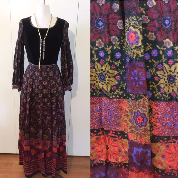 70s velvet maxi, psychedelic print, S