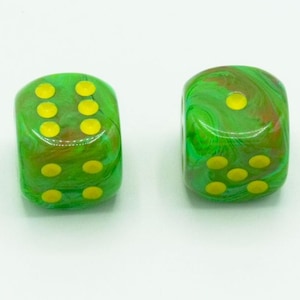 16mm d6 Vortex Slime Dice with Yellow pips - pair of 2